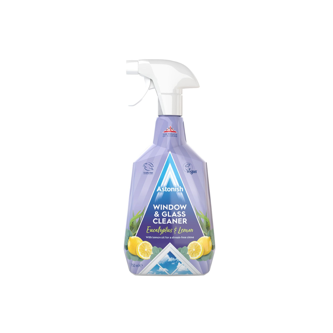 Astonish window and glass cleaner bottle with a white background