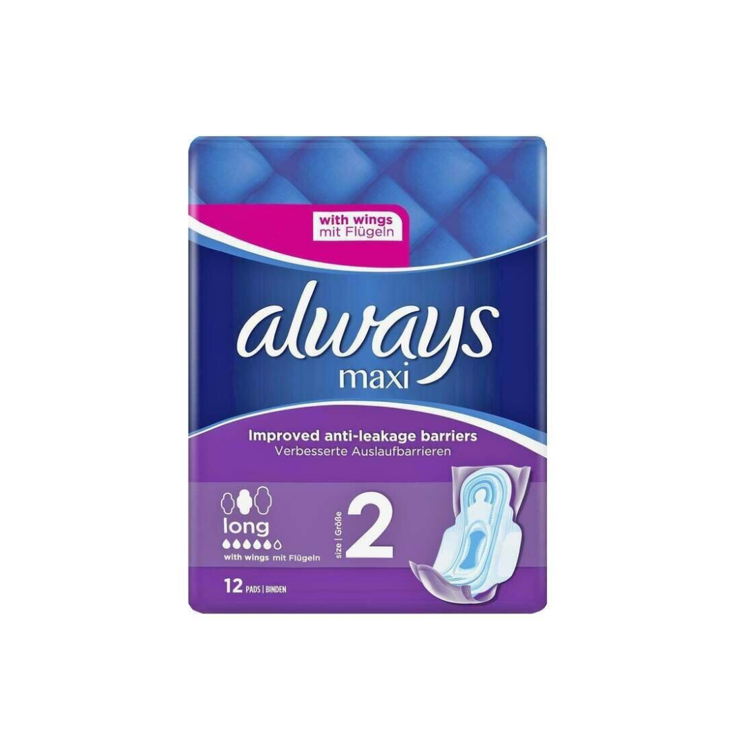 ALWAYS MAXI PADS LONG WITH WINGS 12S