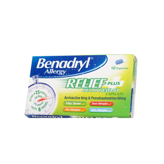 BENADRYL PLUS CAPSULES ALLG/RELIEF 12S