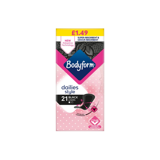 BODYFORM LINERS BLACK DAILIES PMP £1.49 21S